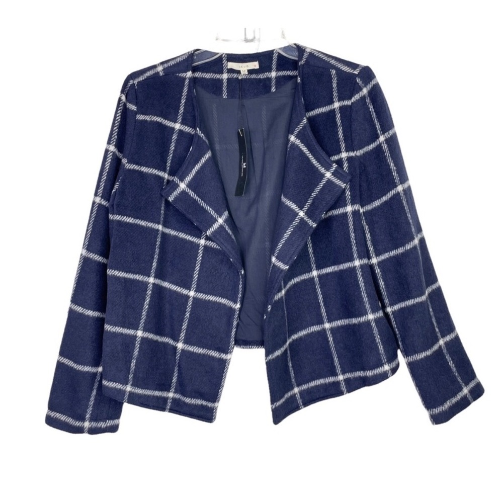 LE LIS Navy White Window Pane Plaid Open Front Blazer Jacket Womens Small